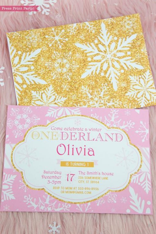 Winter Onederland first birthday party favor box in gold and pink snowflakes invitation- Press Print Party!