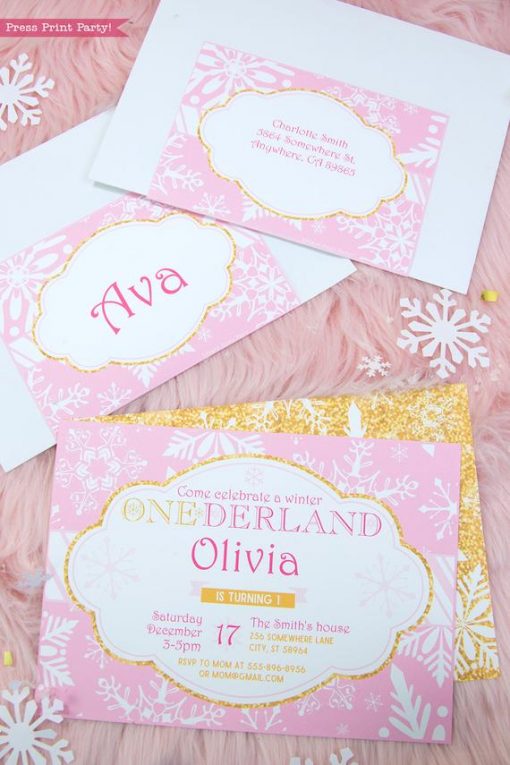 Winter Onederland first birthday party favor box in gold and pink snowflakes invitation- Press Print Party!