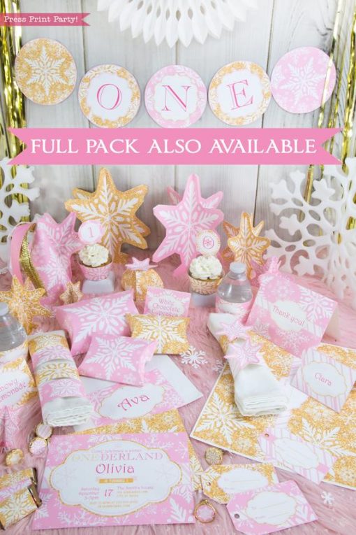 Winter Onederland first birthday party favor box in gold and pink snowflakes - Press Print Party!