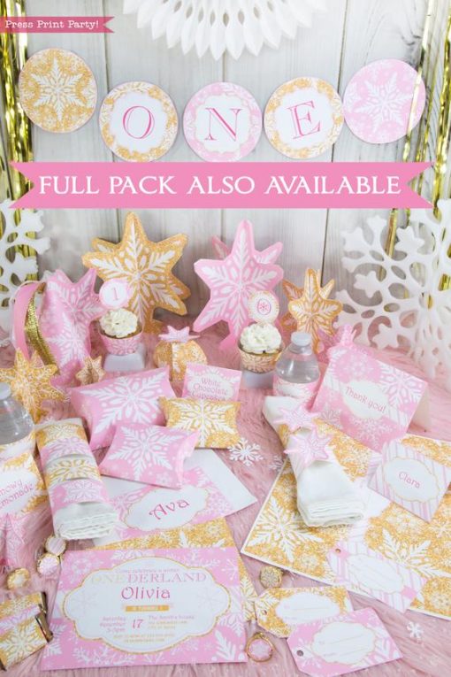 Winter Onederland first birthday party favor box in gold and pink snowflakes - Press Print Party!