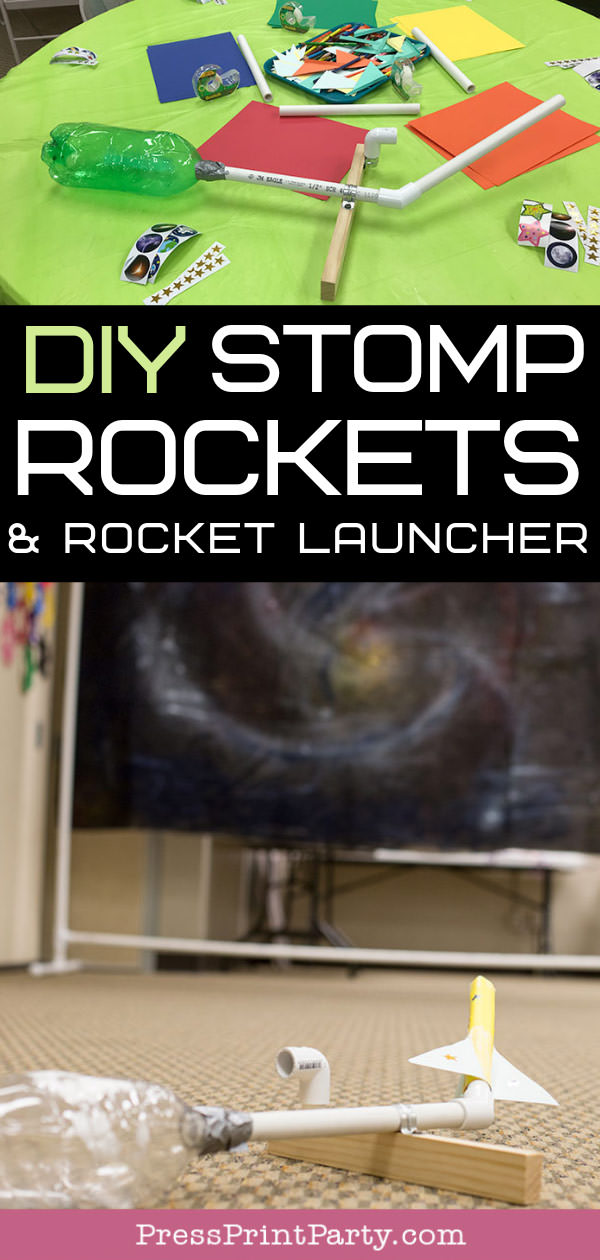 DIY stomp rockets and rocket launcher with galaxy backdrop for VBS activity