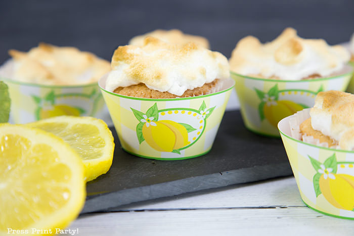 lemon meringue cupcakes recipe with lemon filling - easy homemade from scratch best dessert - free lemon cupcake wrapper - Press Print Party!