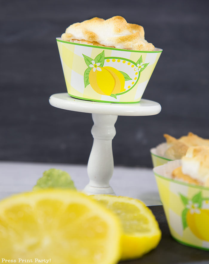 lemon meringue cupcakes recipe with lemon filling - easy homemade from scratch best dessert - free lemon cupcake wrapper - Press Print Party!