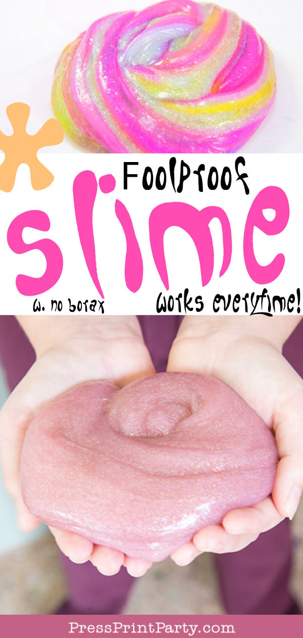 foolfproof slime recipe with striped slime on top made with clear and glitter slime and results of slime smoothie on bottom. No borax recipe. Works everytime