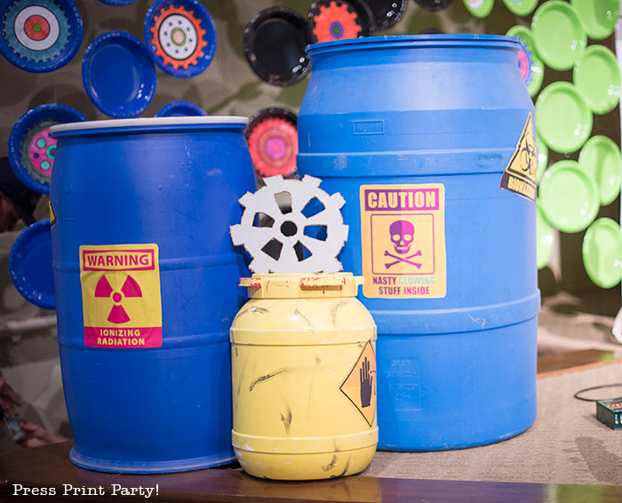 Blue barrel with caution sign -Science party decoration ideas DIY -Press Print Party!