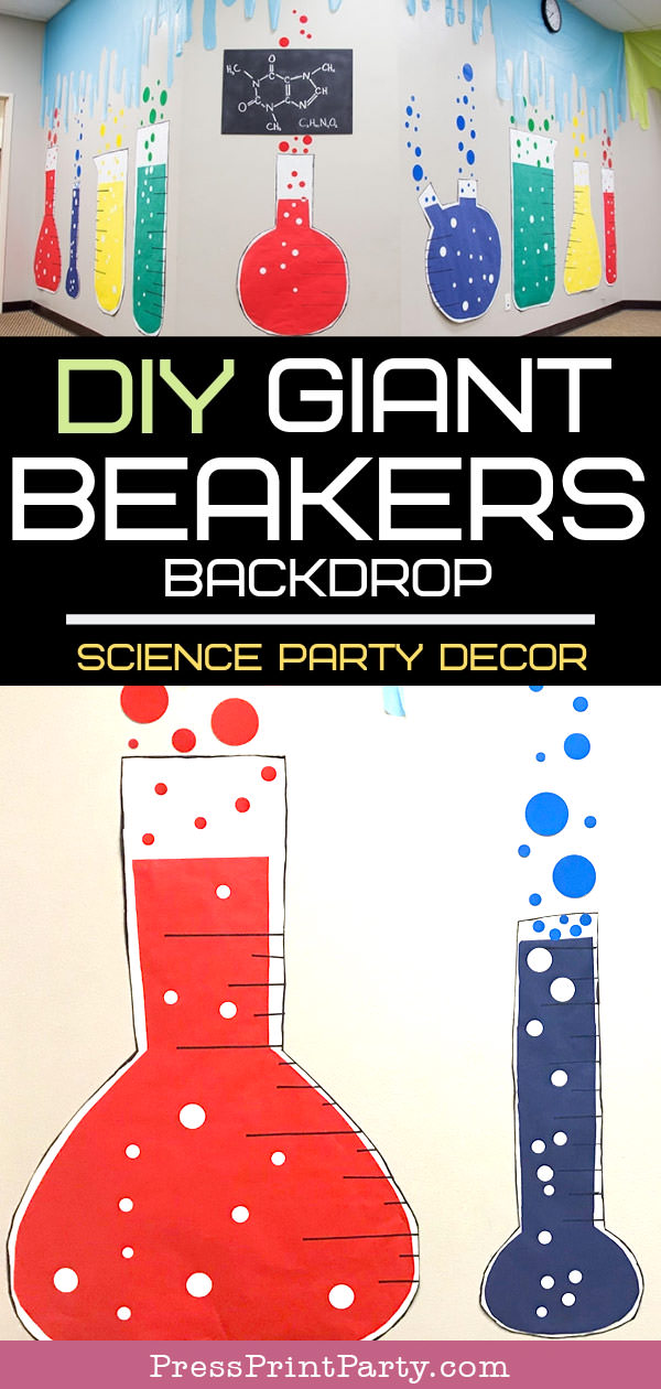 science party DIY beakers paper backdrop. Red and blue beakers.