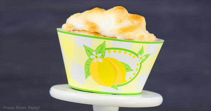 lemon meringue cupcakes recipe with lemon filling - easy homemade from scratch best dessert - free lemon cupcake wrapper - Press Print Party!