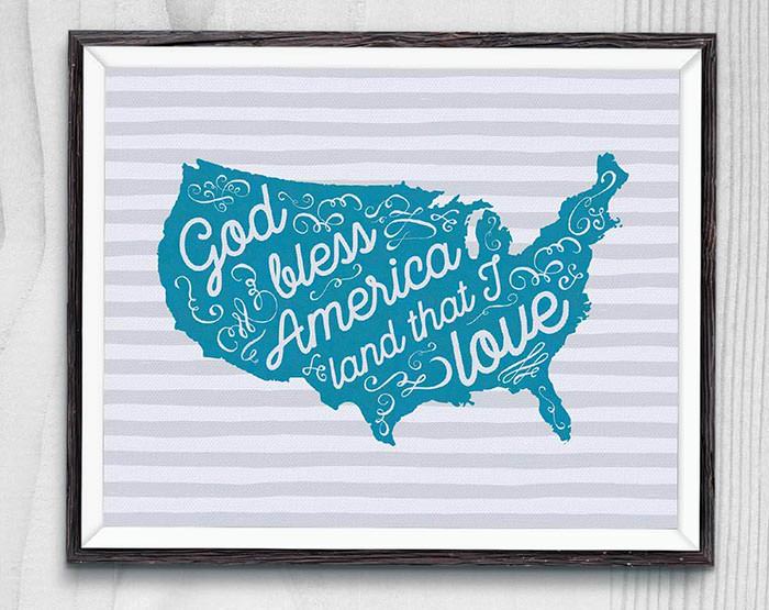 God Bless America free printable sign. teal on white