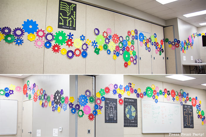 DIY paper plate gears backdrop -Science party decoration ideas DIY -Press Print Party!