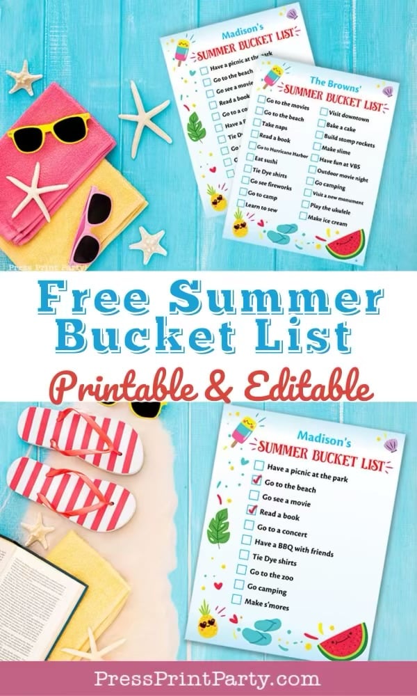 Flat lay of summer items—flip-flops, sunglasses, towel, starfish—and two colorful Summer Bucket List printables with checkboxes and playful decorations like watermelon and icons. Text reads “Free Summer Bucket List.”.