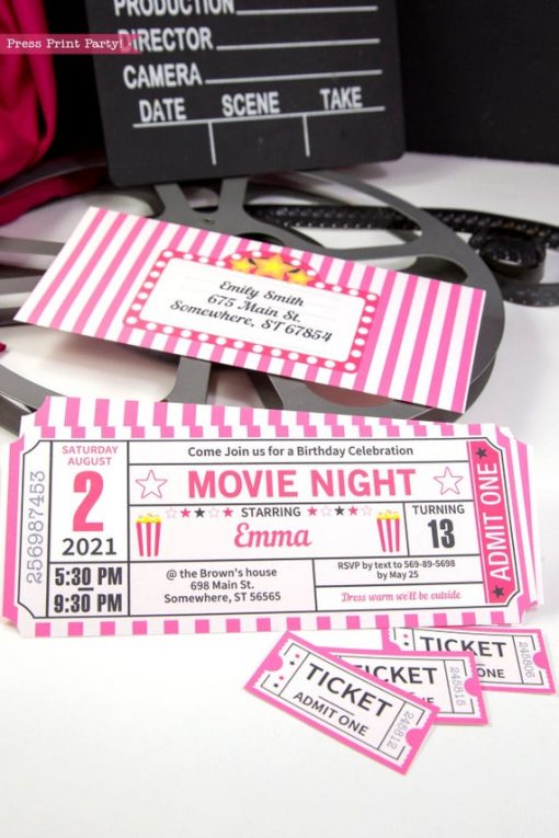 pink movie night invitation ticket stub and envelope- Press Print Party!