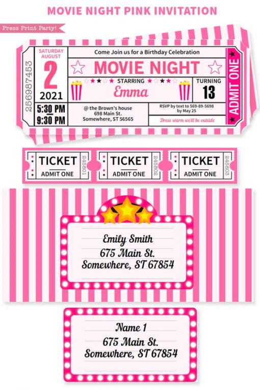 pink movie night invitation ticket stub and envelope- Press Print Party!