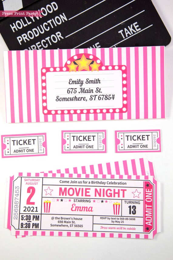 pink movie night invitation ticket stub and envelope- Press Print Party!