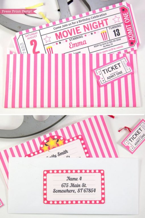 pink movie night invitation ticket stub and envelope- Press Print Party!