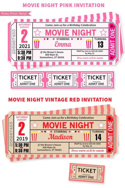 Movie night invitations ticket stub available in Pink and Red
