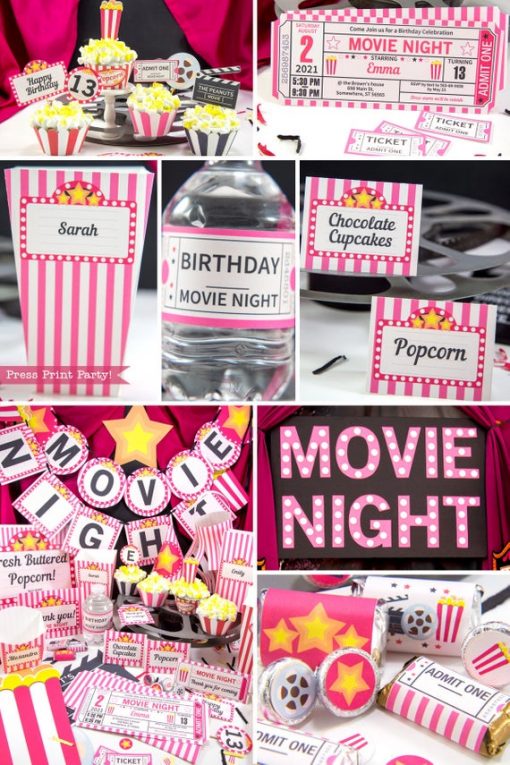 Full set of Movie Night party printables download PINK - Press Print Party!