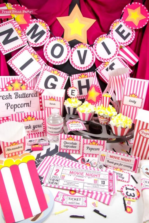 Full set of Movie Night party printables download PINK - Press Print Party!