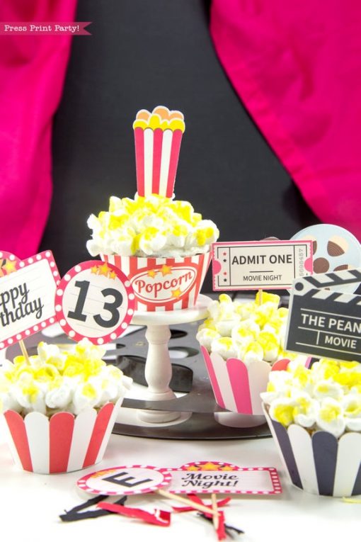 Movie Night party printables cupcake toppers and wrappers.