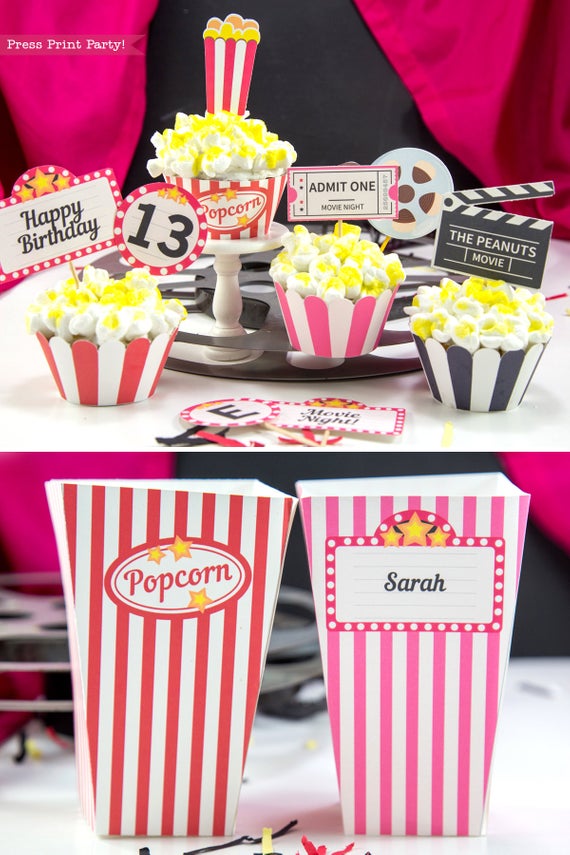 Movie Night party printables cupcake wrappers and popcorn boxes