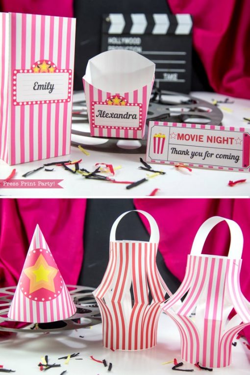 Movie Night party printables favor boxes, hat and lanterns. Press Print Party!