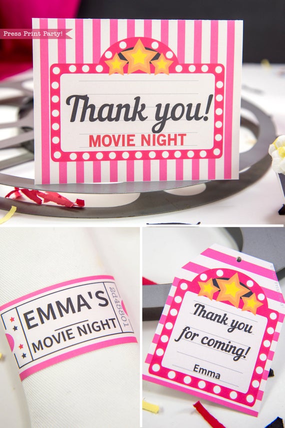 Movie Night party printables pink. thank you note, tag and napkin ring - Press Print Party!
