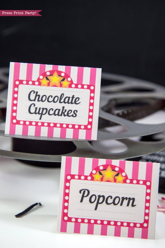 pink movie night place cards movie night party download - Press Print Party!
