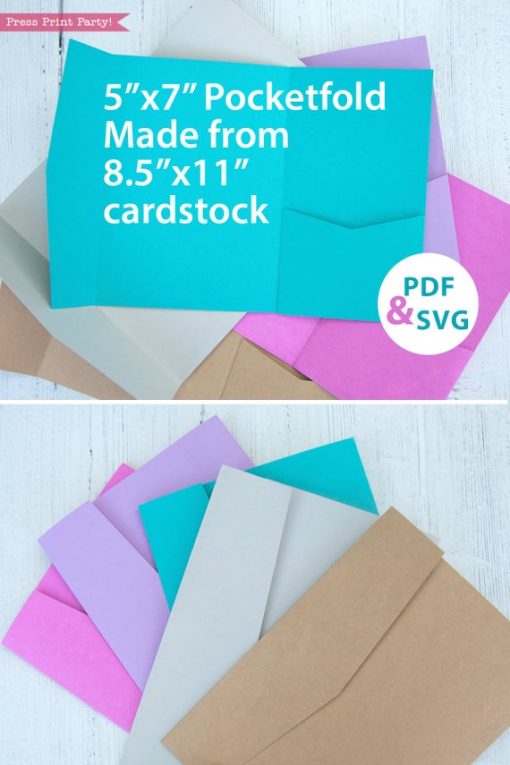 Pocketfold Wedding Invitation Template, Printable & SVG files made from regular cardstock. Pocket wedding Invitations in any color DIY