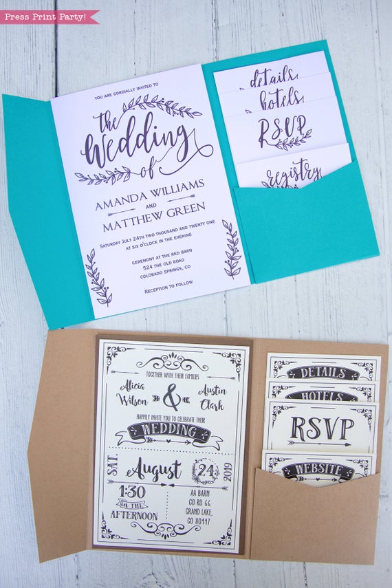 Pocketfold Wedding Invitation Template, Printable & SVG files made from regular cardstock. Pocket wedding Invitations in any color DIY