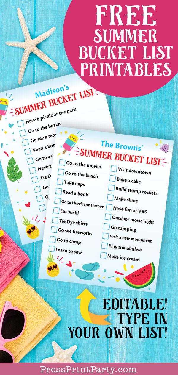 Free Summer Bucket list printable. Summer to do list Press Print Party!