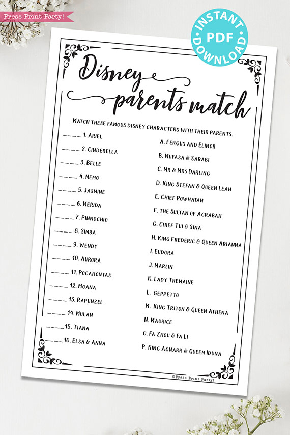 Disney parent match game baby shower game printable games instant download Press Print Party!
