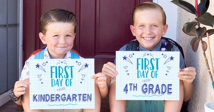FREE First day of school signs printable - Back to school photo ideas - picture of 2 boys. First day of kindergarten and first day of 4th grade. Back to School. by Press Print Party!