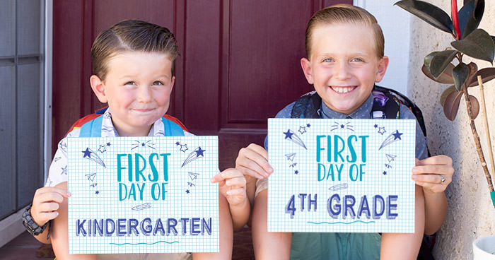 FREE First day of school signs printable - Back to school photo ideas - picture of 2 boys. First day of kindergarten and first day of 4th grade.by Press Print Party!