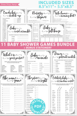 11 Baby Shower Games Printable Pack, Games Bundle ABC name game, baby word scramble, baby gift bingo, disney parent match, the price is right, murser rhymes, mom questionnaire, celebrity baby, baby animals, whats in your purse, candy bar match up