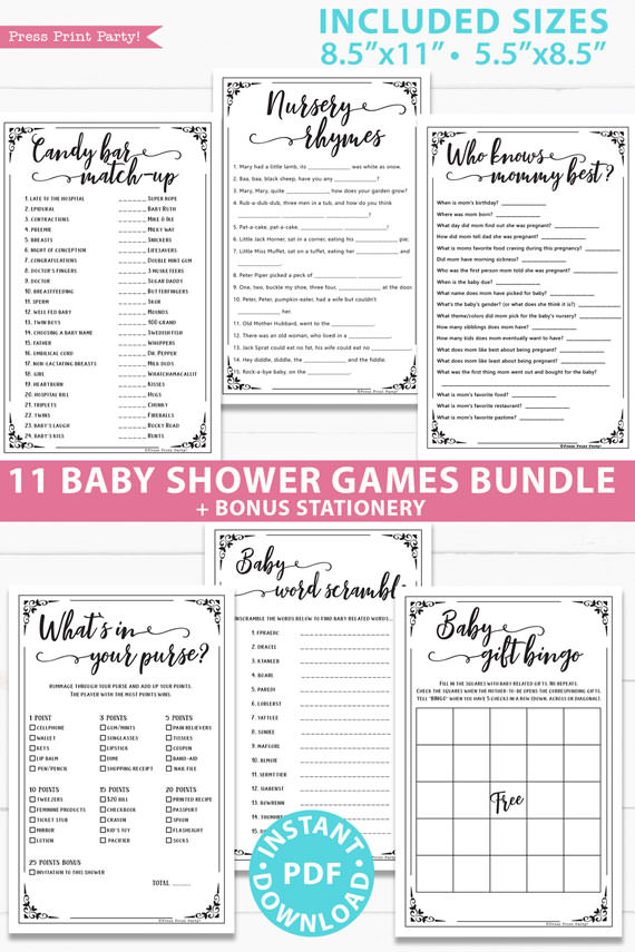 11 Baby Shower Games Printable Pack, Games Bundle ABC name game, baby word scramble, baby gift bingo, disney parent match, the price is right, murser rhymes, mom questionnaire, celebrity baby, baby animals, whats in your purse, candy bar match up
