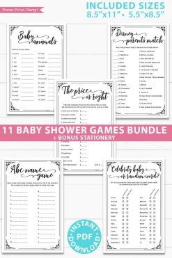 11 Baby Shower Games Printable Pack, Games Bundle ABC name game, baby word scramble, baby gift bingo, disney parent match, the price is right, murser rhymes, mom questionnaire, celebrity baby, baby animals, whats in your purse, candy bar match up