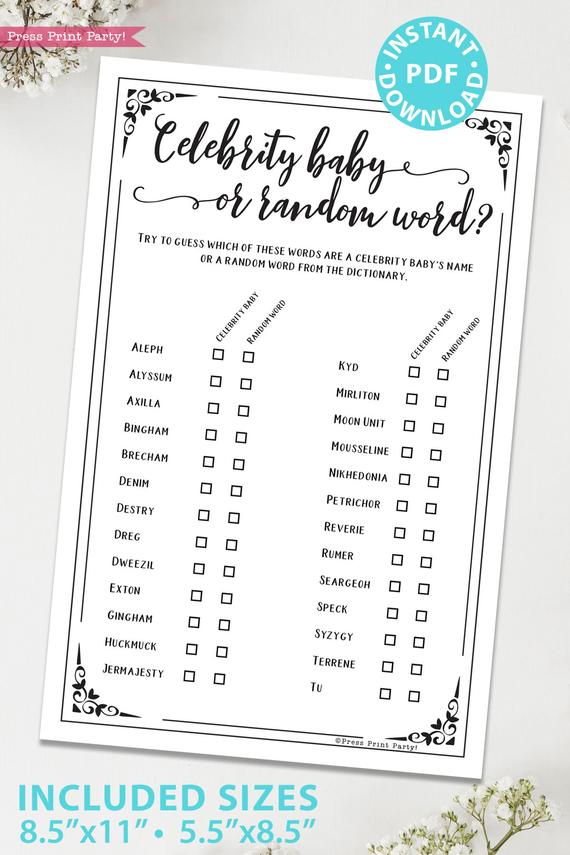 Celebrity Baby Shower Game Printable, Rustic - Press Print Party