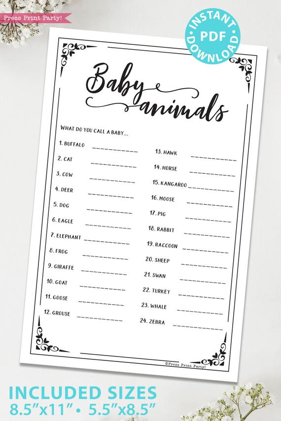 Baby Animals Names Shower Game Printable Rustic Press Print Party