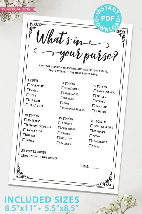 What's in your purse game baby shower game printable games instant download Press Print Party!
