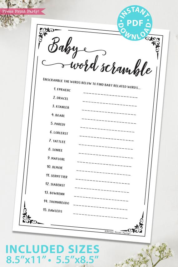 Baby word scramble game baby shower game printable games instant download Press Print Party!