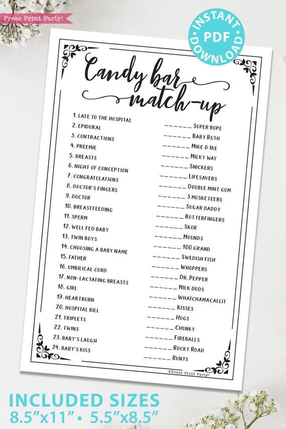 Candy Bar Match up Baby Shower Game Printable Press Print Party 