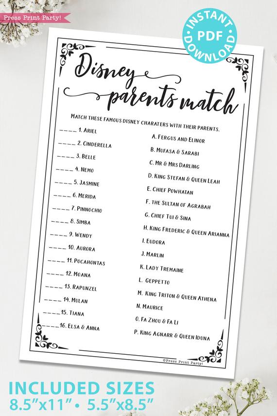Disney Parents Match Baby Shower Game Printable Press Print Party Disney Parents Match Baby Shower Game Printable Press Print Party