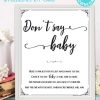 Don't say baby game sign baby shower game printable games instant download Press Print Party!