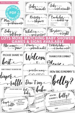 Lots more matching baby shower games and signs available at Press Print Party!