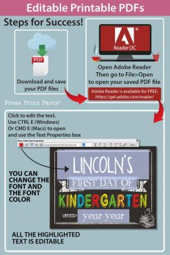 how to use editable printable pdf for first day of school signs. you can change the font and the font color - Press Print Party!