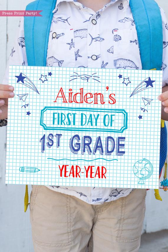 first day of school sign printable notebook style. last day of school sign editable. First day of 1st grade - Press Print Party!