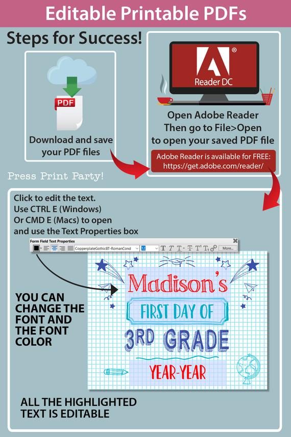 how to use editable printable pdf for first day of school signs. you can change the font and the font color - Press Print Party!