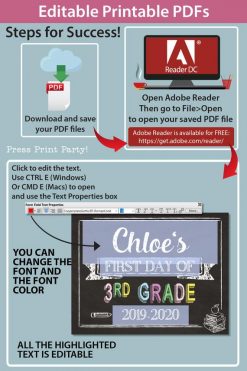 how to use editable printable pdf for first day of school signs. you can change the font and the font color - Press Print Party!