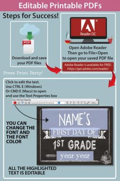 how to use editable printable pdf for first day of school signs. you can change the font and the font color - Press Print Party!