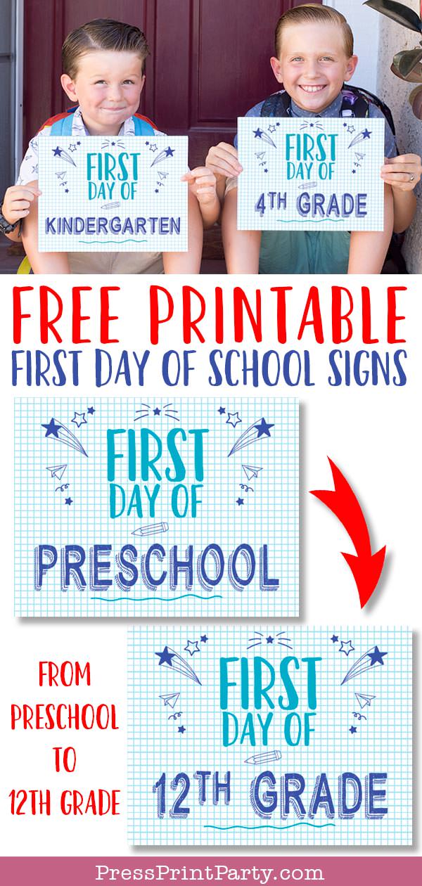 FREE First day of school signs printable - Back to school photo ideas - picture of 2 boys. First day of kindergarten and first day of 4th grade.by Press Print Party!