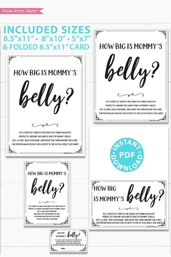 How big is mommy's belly sign and card - game baby shower game printable games instant download Press Print Party!